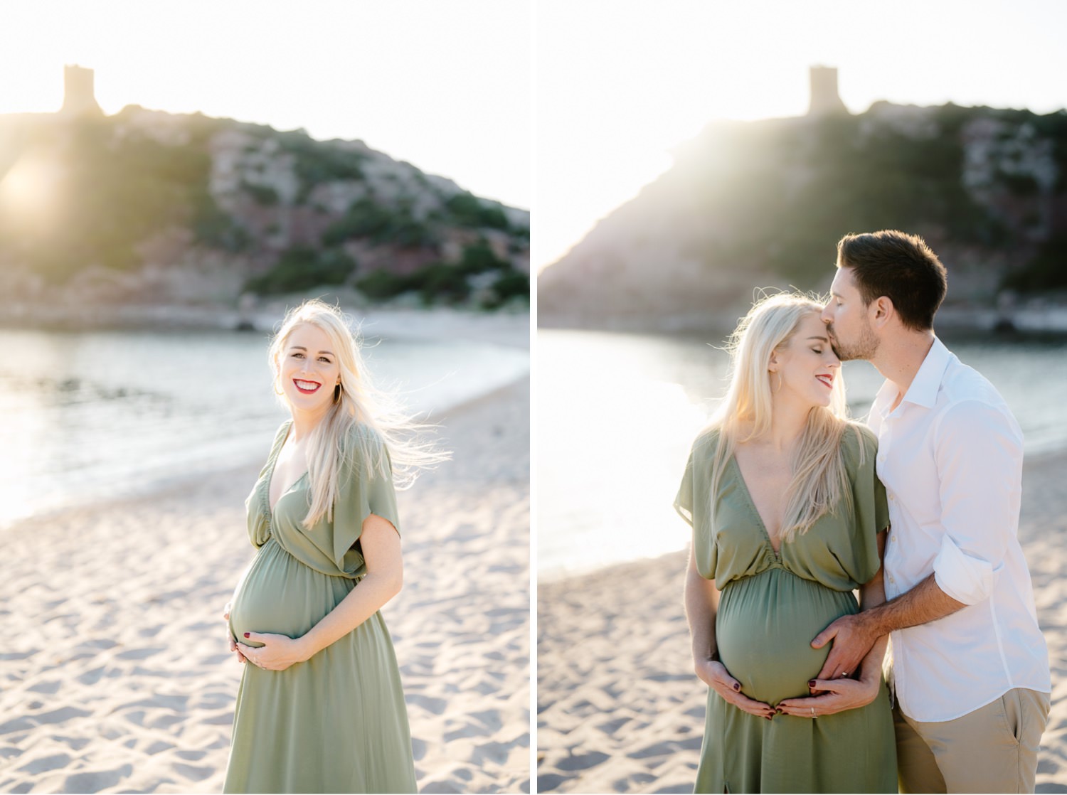 Pregnancy photo in Alghero with couple walking hand in hand on the beach
